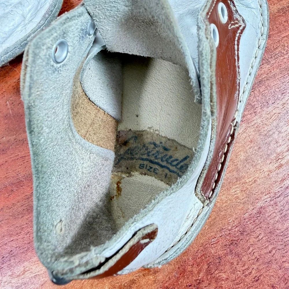Vintage Leather Baby Saddle Shoes Brown White Buckle Heel Infant EST Sz 2 1950s